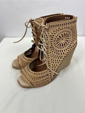 Jeffrey Campbell Rayos Wedge Sandals Peach Laser Cut Lace Up